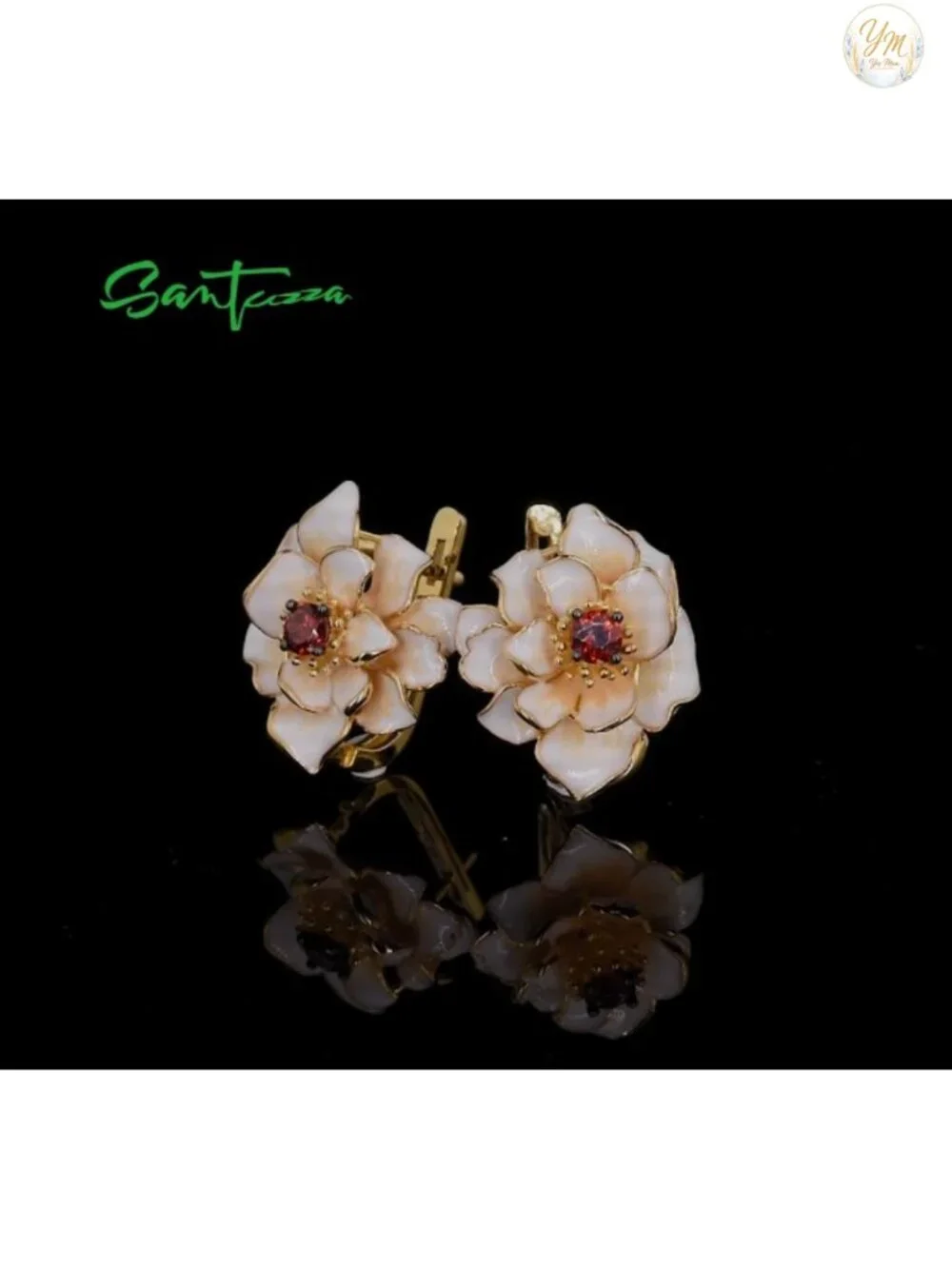 925 Sterling Silver Enamel Flower Drop Earrings Garnet